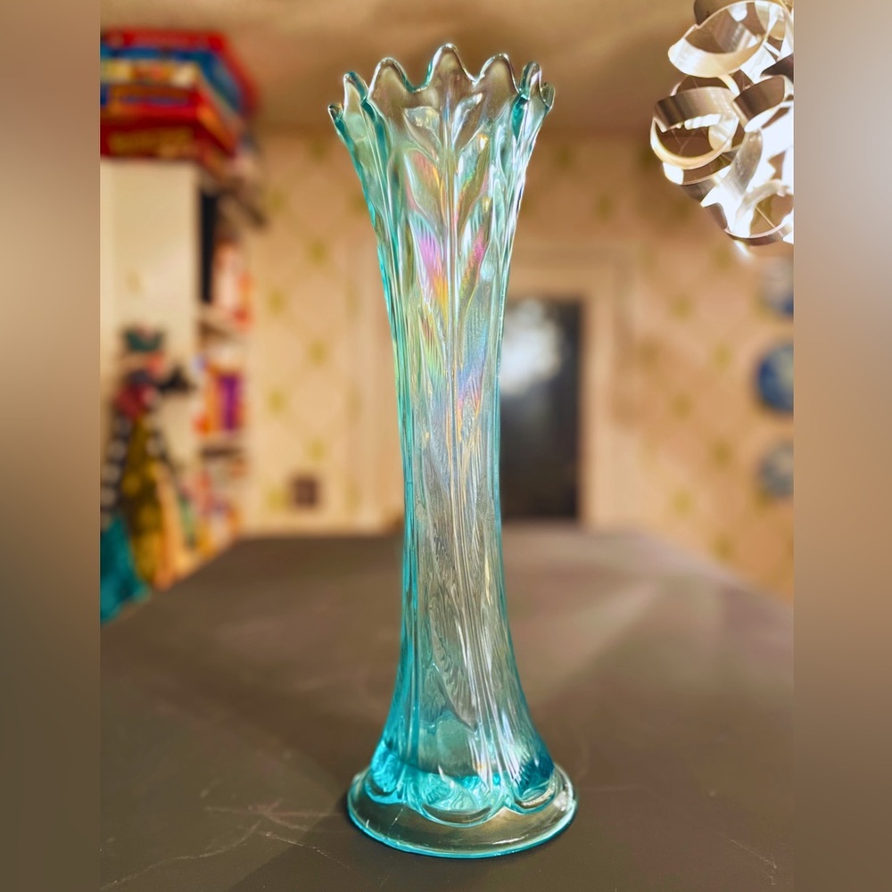 1912 Northwood Leaf Columns 12 Flame Ice Blue Carnival Glass Vase - RARE